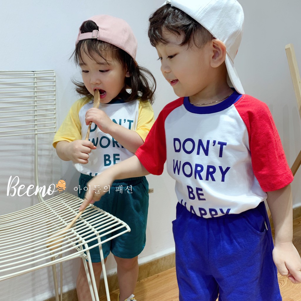 Bộ bé trai gái cotton Beemo Chất liệu mềm mịn, tay phối màu nổi bật, họa tiết &quot;Don't Worry&quot; đáng yêu B047