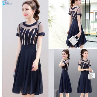 Đầm nữ Đầm Xoè Vải Voan Váy Cao Cấp Đi Dự Tiệc Dạo Phố Cổ Tròn Tay Ngắn Phối Ren Lưới Màu Xanh Đen