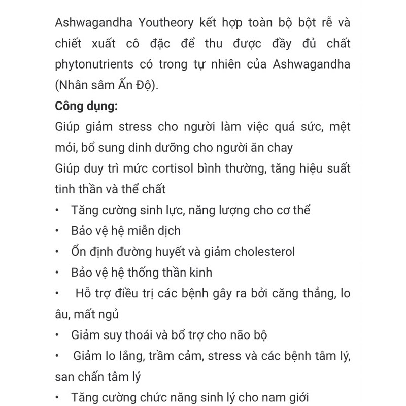 Viên uống nhân sâm Ấn Độ Youtheory Ashwagandha 1000mg 180 viên