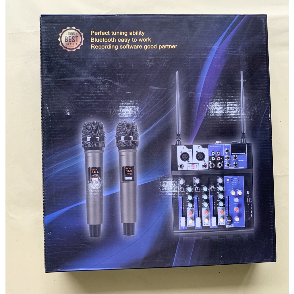 Bàn Mixer Yamaha Pro 4 live stream có bluetooth kèm 2 mic không dây tiện cho oto loa kéo và các loa khác