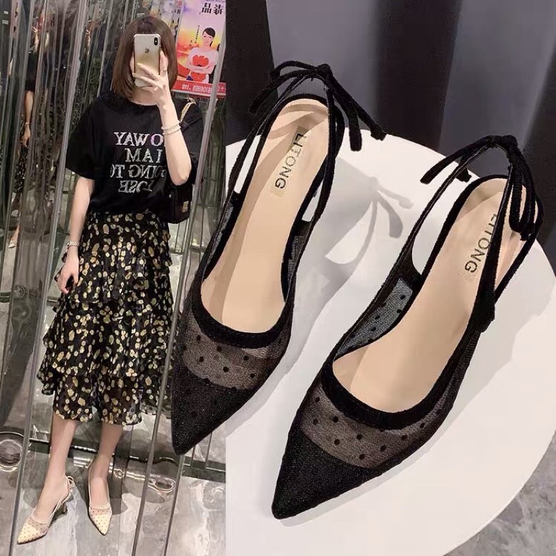 Giày cao gót cho nữ mũi nhọn lưới chấm bi cao 7cm nơ gót