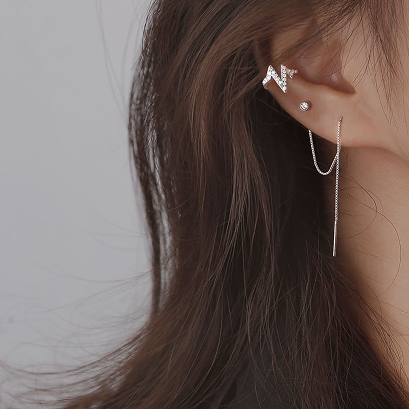 Bông Tai Bạc S925 Ear Cuff Kẹp Vành Nhịp Tim Sợi Thả Trẻ Trung Cá Tính | Khuyên Tai Nữ Trang Sức Bạc Thời Trang
