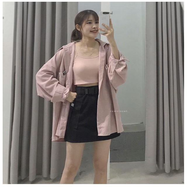 -Hàng nhập khẩu SET ÁO SƠ MI NHUNG GÂN KÈM ÁO 2 DÂY MÀU NGỌT LỊM CÓ THỂ TÁCH RỜI MIX THỎAI MÁI - PINK SET Liên hệ mua hà