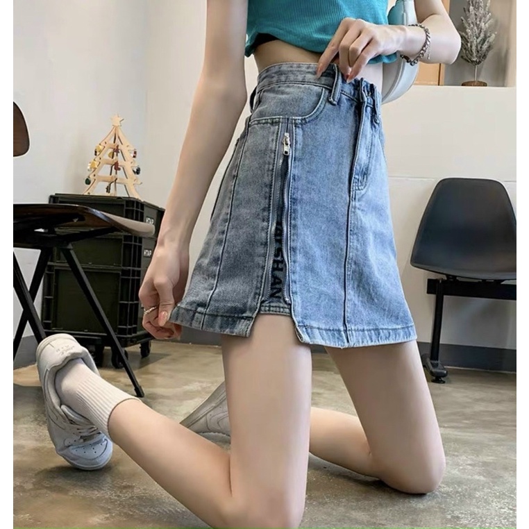 Chân Váy Jeans Co Dan Chữ A Ngắn Nữ Cạp Cao Khoá Kiểu Ở Đùi