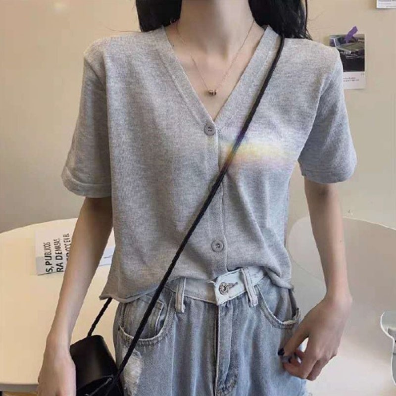 Áo len tay ngắn cổ chữ V vải lụa lạnh thời trang mùa hè dành cho nữ