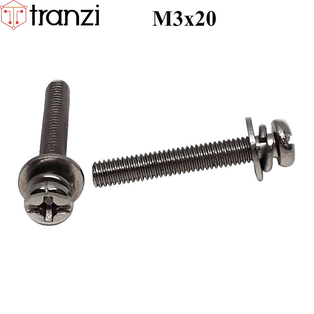 Vít bake kèm long đen phẳng vênh đầu cầu mạ niken M3x20 - túi 50 cái