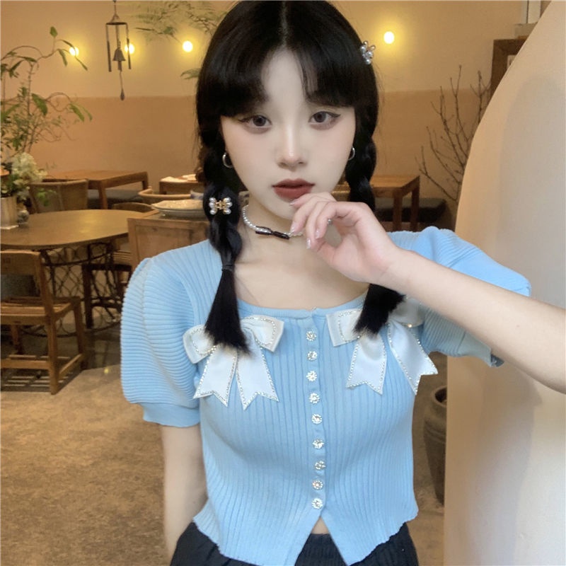 Áo Thun Tay Phồng Ngắn Thắt Nơ Ngọt Ngào Và Ngọt Ngào Thời Trang Mùa Hè Cho Nữ