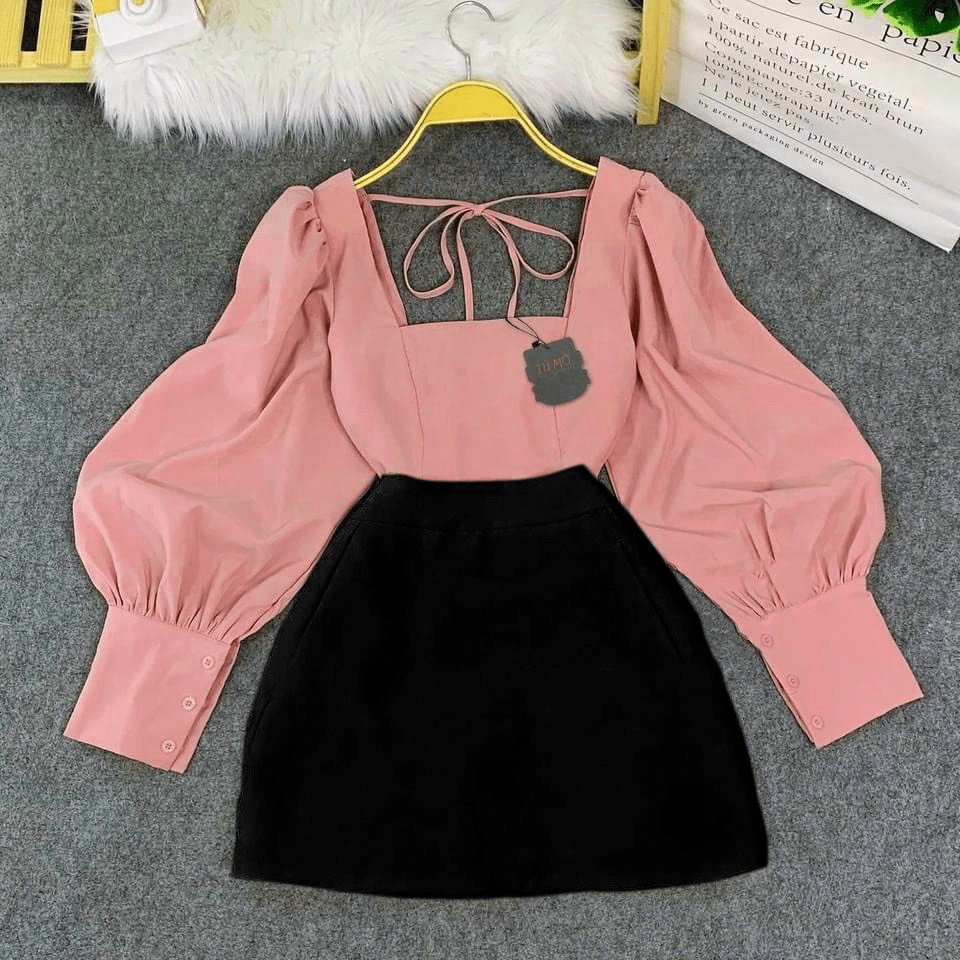 SÉT ÁO PHỐI CHÂN VÁY TAY DÀI CỔ VUÔNG CHẤT FORD LỊCH THIỆP PU