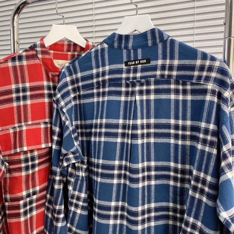 Áo flannel Fear of God Plaid Pullover Henley Dad Shirt Blue/Red cao cấp full tag túi, áo sơ mi FOG