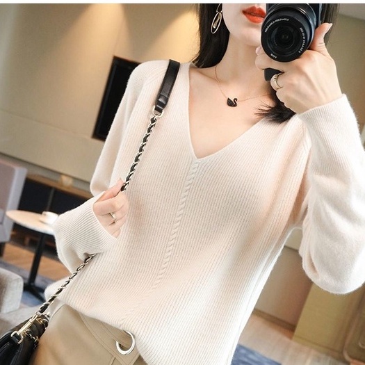 Áo len dệt kim ZHELIHANGFEI cổ chữ V dài tay đơn giản thời trang dành cho nữ