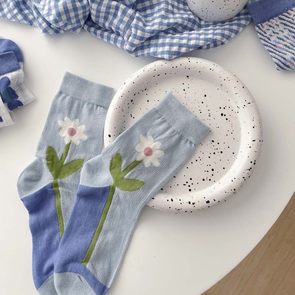 Summer Cute Socks korean style women Japanese Flower Socks Sky Blue Sweet Floral Socks Cute Fresh Socks Soft Casual Long Socks