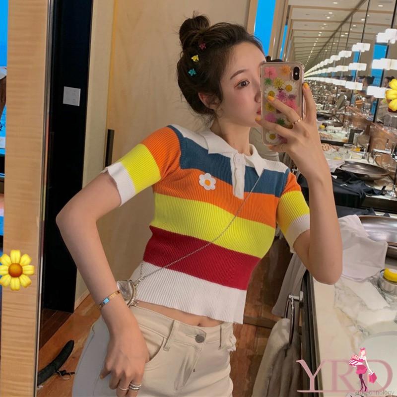 Áo thun polo nữ kẻ sọc cổ bẻ màu sắc ngọt ngào | BigBuy360 - bigbuy360.vn