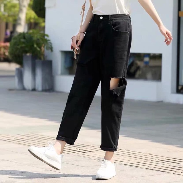 (Bigsize 30-35) Quần Baggy Boyfriend Đen Trơn/ Rách Sườn L và 1 Đùi, Lưng Cao, Không Giãn