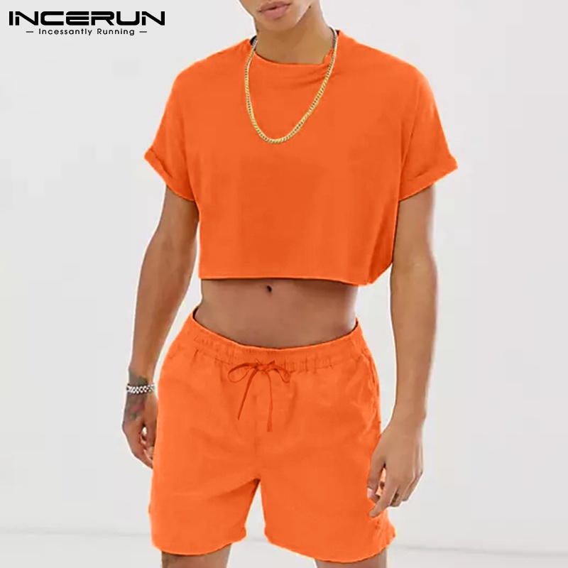 Bộ áo crop top và quần short INCERUN màu trơn 2 món thời trang mùa hè dành cho nam