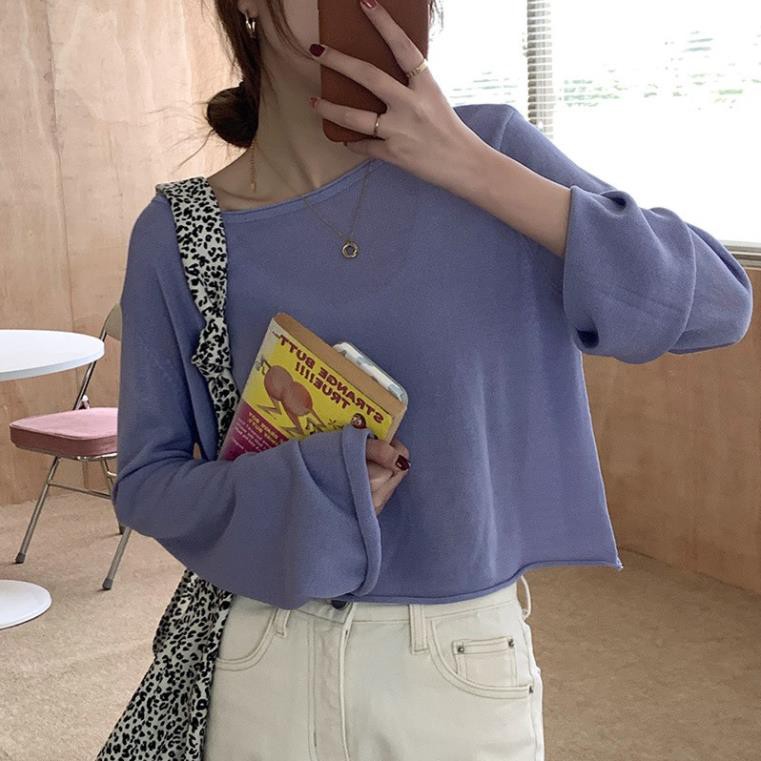 Áo thun lửng nữ kiểu len đan mỏng dệt kim Dài tay Form rộng Ulzzang Hàn Quốc Áo kiểu len mỏng Tay dài Thời trang ་