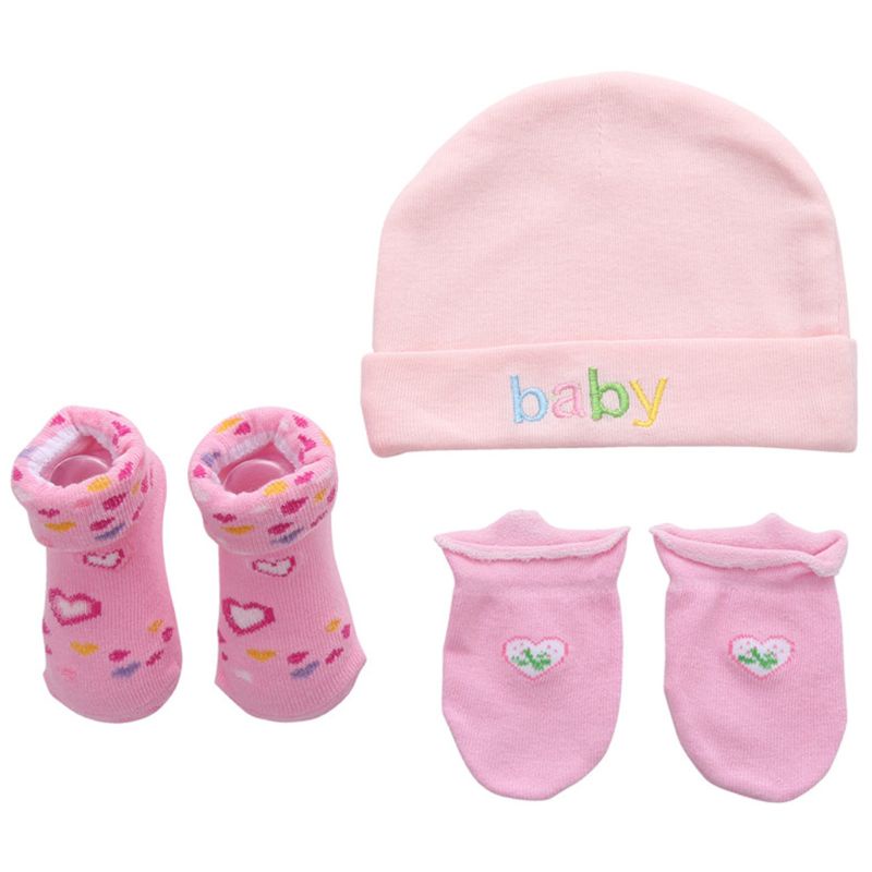 Bộ 3 Găng Tay + Mũ + Găng Tay + Vớ Bằng Cotton Dệt Kim Chống Trầy Xước Giữ Ấm Cho Bé Sơ Sinh