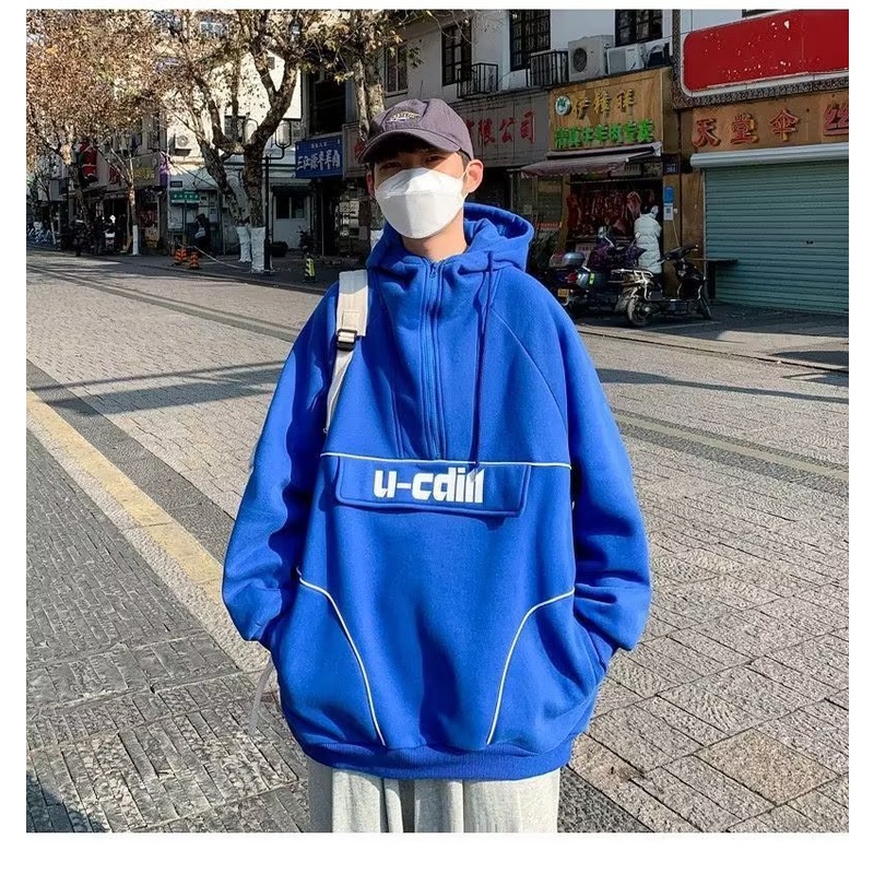 Áo hoodie nỉ dáng rộng phối khóa kéo