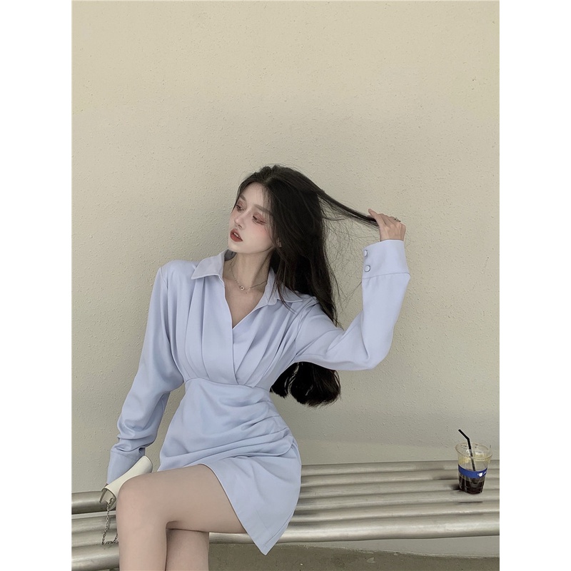 Váy sơ mi nữ lệch tà xanh pastel nhẹ nhàng sexy Firstdateclothing