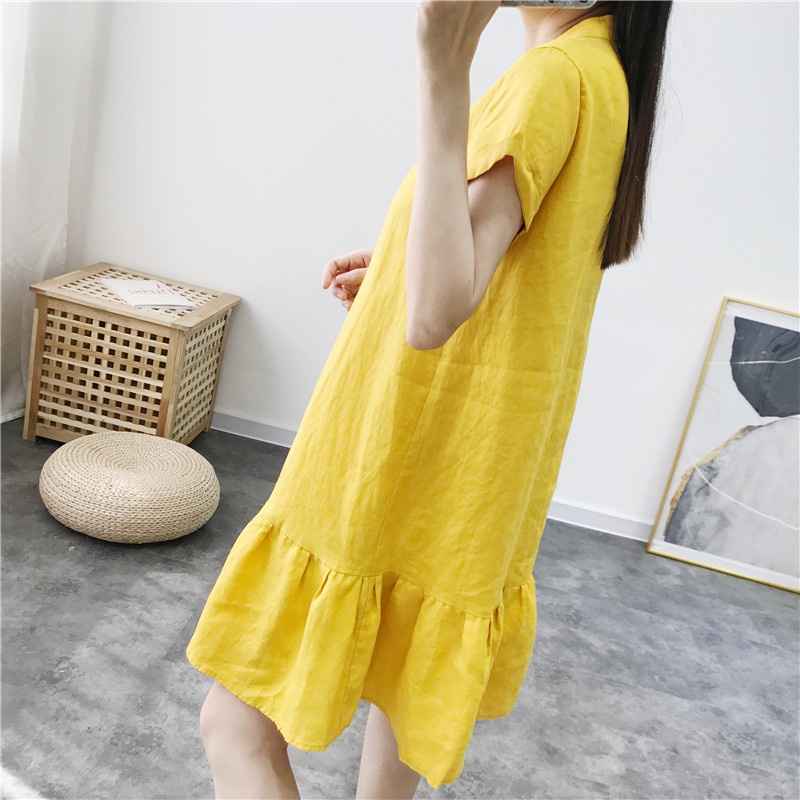 Đầm Linen suông đuôi cá, Váy midi nữ cổ trụ phối cúc chất linen mát Da80