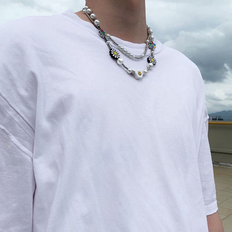 Dây chuyền mặt hình hoa cúc đính ngọc trai giả phong cách hiphop