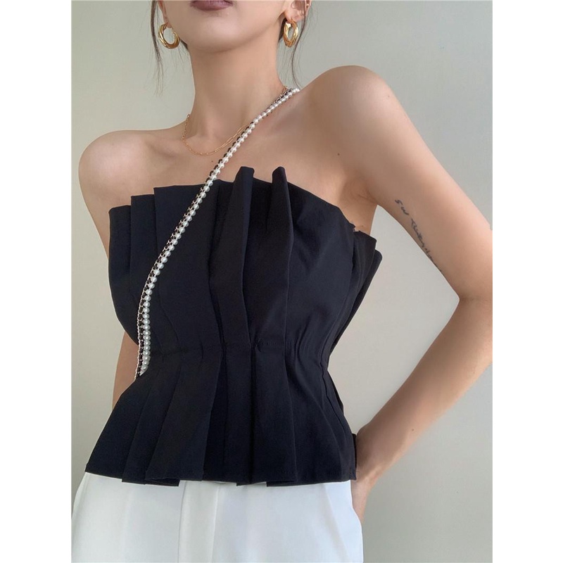 Áo ống ngắn màu đen không dây xếp ly thời trang cao cấp