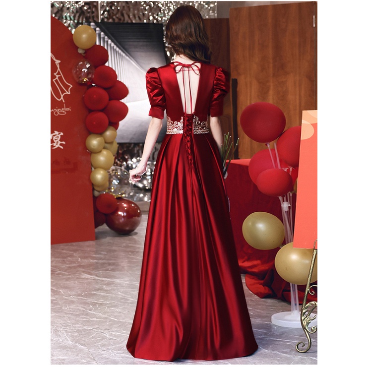 Đầm Dự Tiệc Vải Satin Tay Ngắn Dáng Ôm Dài Màu Đỏ Thời Trang Sang Trọng Cho Nữ