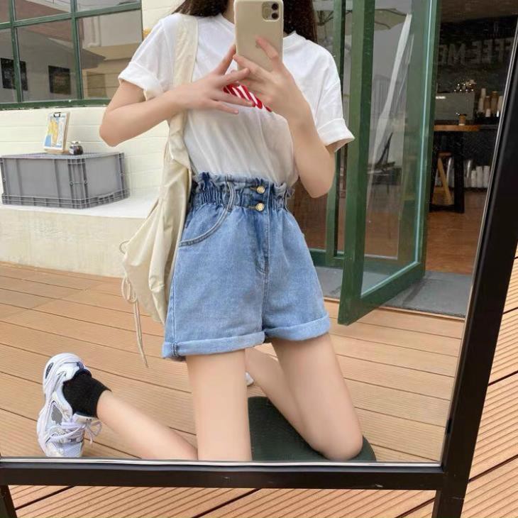 Quần Short Jean Lưng Thun, Quần Jean Đùi Nữ Ngắn Ống Rộng 2 Khuy Lưng Co Giãn Ulzzang, Labibi  ྇ ྇