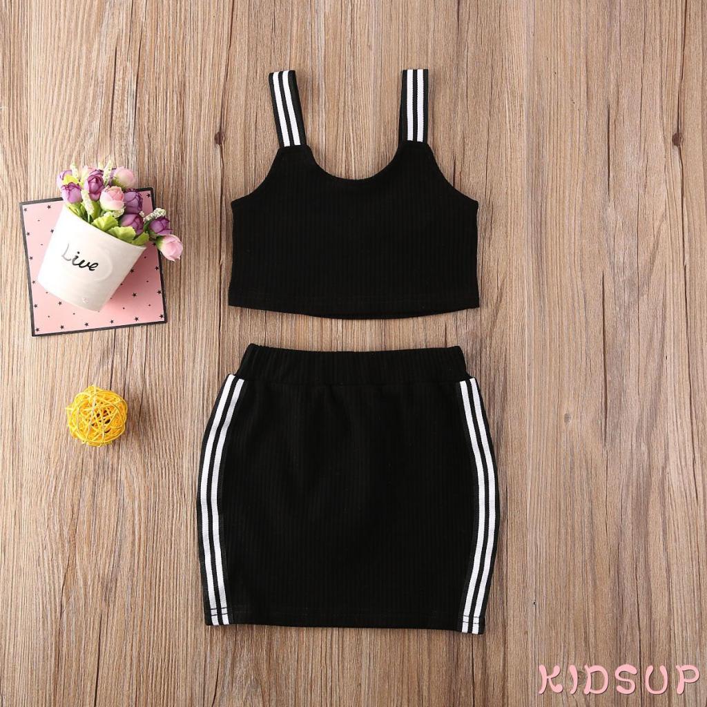 KIDSUP-Baby Girls Summer Clothes Set Sleeveless Ribbed Knit Camisole+Stripe Mini Skirts 2Pcs