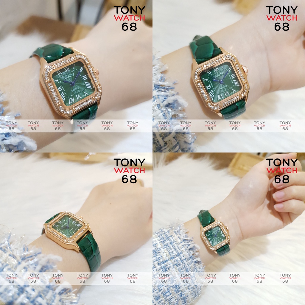 Đồng hồ nữ dây da mặt vuông Bolun đính đá chính hãng giá rẻ đeo tay thời trang