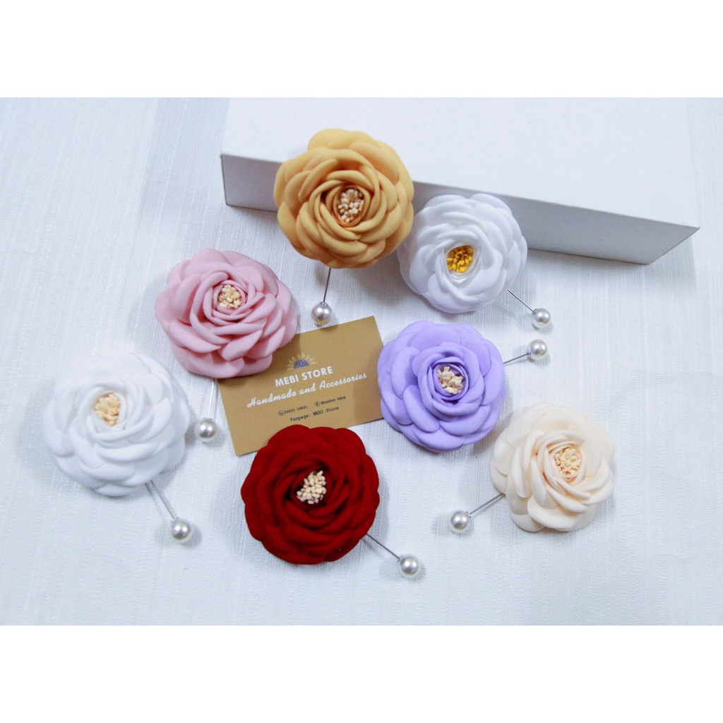 Hoa cài áo handmade MEBI Store mẫu hoa cánh tròn nhụy tim chùm 7 màu hoa nobox