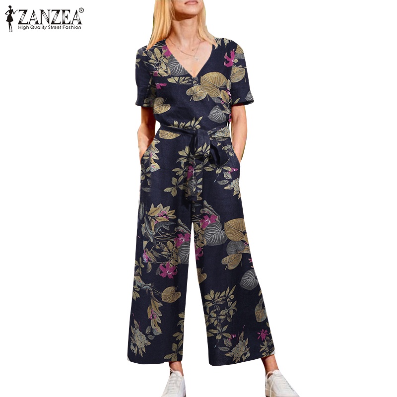 Áo liền quần ZANZEA bằng cotton ngắn tay cổ chữ v có túi thời trang cho nữ