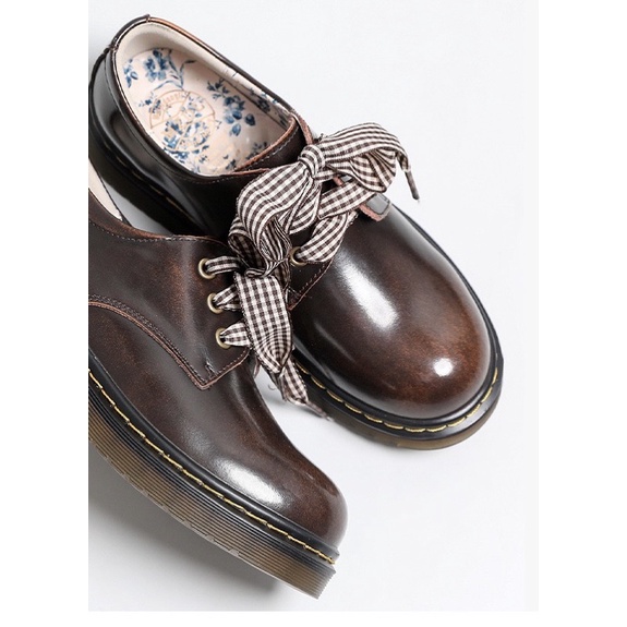 Giày nữ đa bò thật vintage phối ruy băng cao cấp