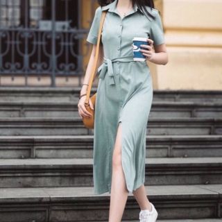 Đầm Nữ Sơ Mi Xanh Mint Xẻ Tà (KÈM ẢNH THẬT)