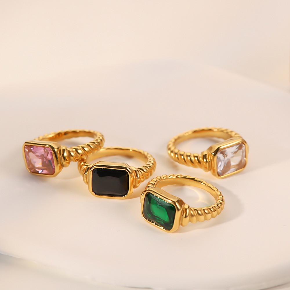 Nhẫn Xoắn Ốc Đính Đá Zircon Màu Hồng / Trắng / Ngọc Lục Bảo Hình Chữ Nhật Phong