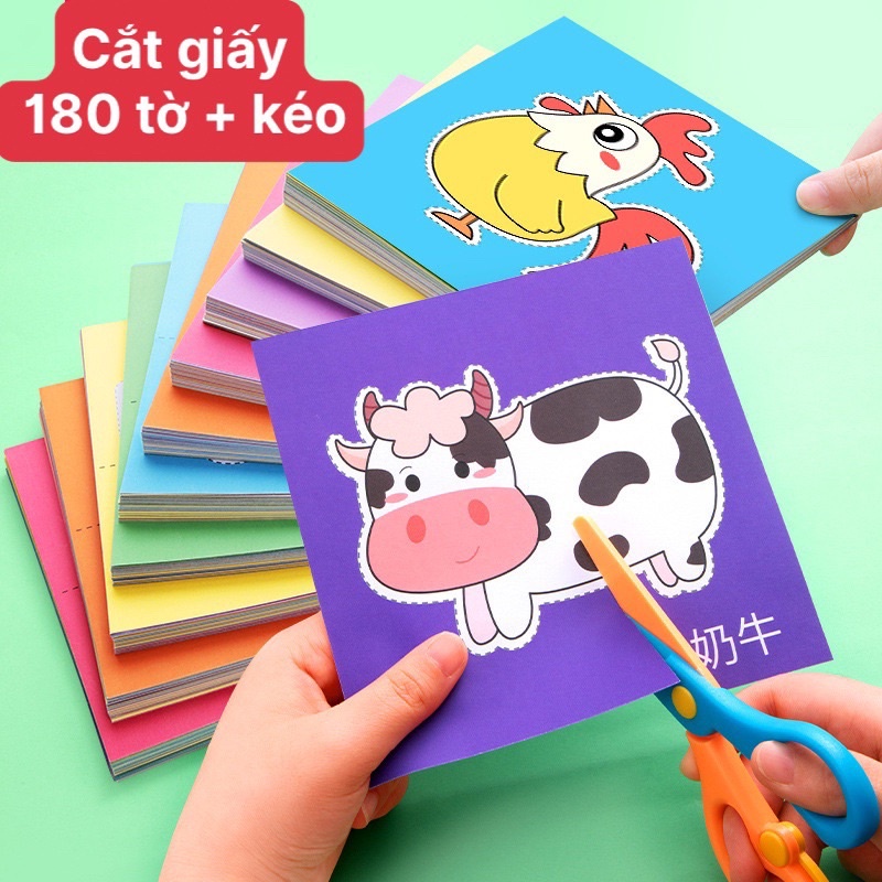 Cắt giấy cho bé 180 tờ kèm kéo nhựa an toàn, đồ chơi giáo dục sớm cho bé phát triển vận động tinh