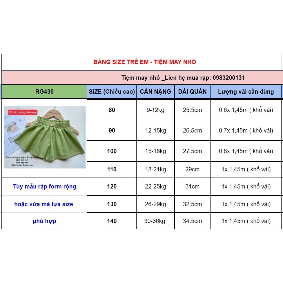 RG430_Rập giấy may quần váy bé gái