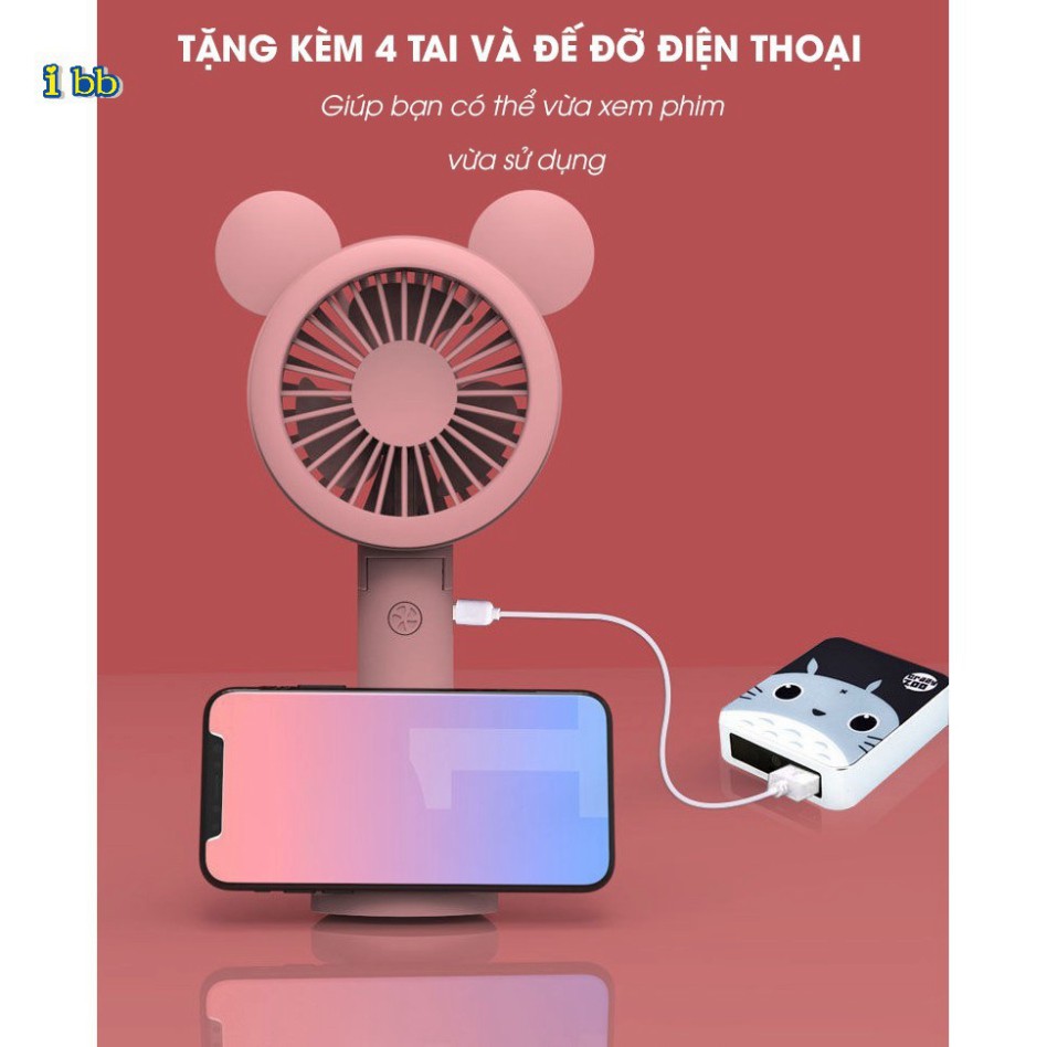 Quạt tích điện cầm tay IMEBOBO 3 tốc độ gió siêu mát, 2 mức đèn led, pin cực trâu TẶNG KÈM TAI dễ thương