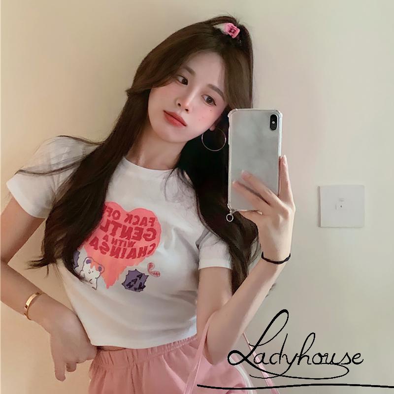 Áo Thun Nữ Ngắn Tay Cổ Tròn In Chữ Và Gấu Màu Trắng/Đen Thời Trang Mùa Hè