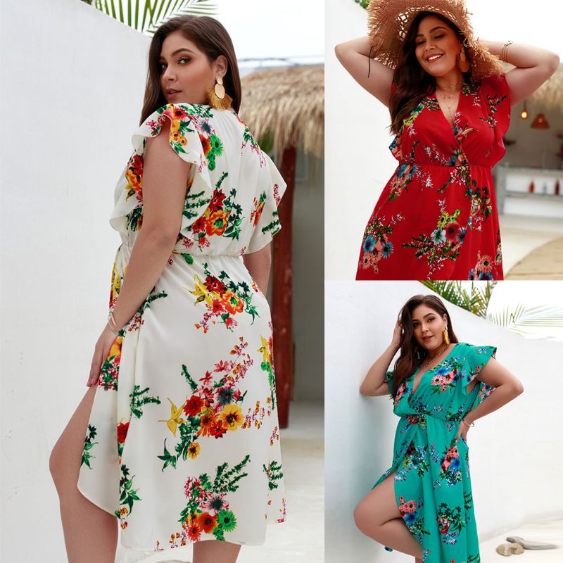 Đầm Hoa Cổ V Sâu Thời Trang Mùa Hè Dành Cho Nữ Plus Size