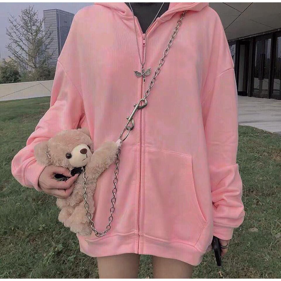 (Hàng chuẩn đẹp) Hoodie dây kéo màu hồng - áo hoodie zipper ulzzang unisex form rộng dễ thương