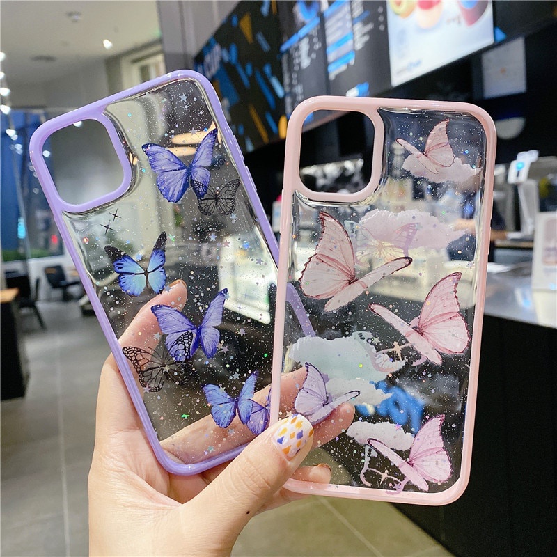 Ốp điện thoại trong suốt mềm chống sốc hình bướm thích hợp cho iPhone 12 13 11 Pro Max XS Max XR X 6 6s 7 8 SE 2020