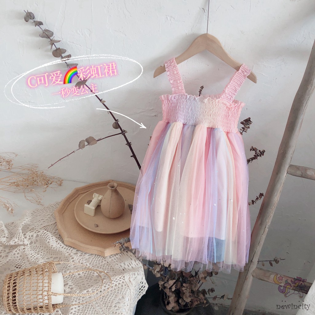 Đầm Xòe Công Chúa Hai Dây Màu Cầu Vồng Thời Trang Đáng Yêu Cho Bé
