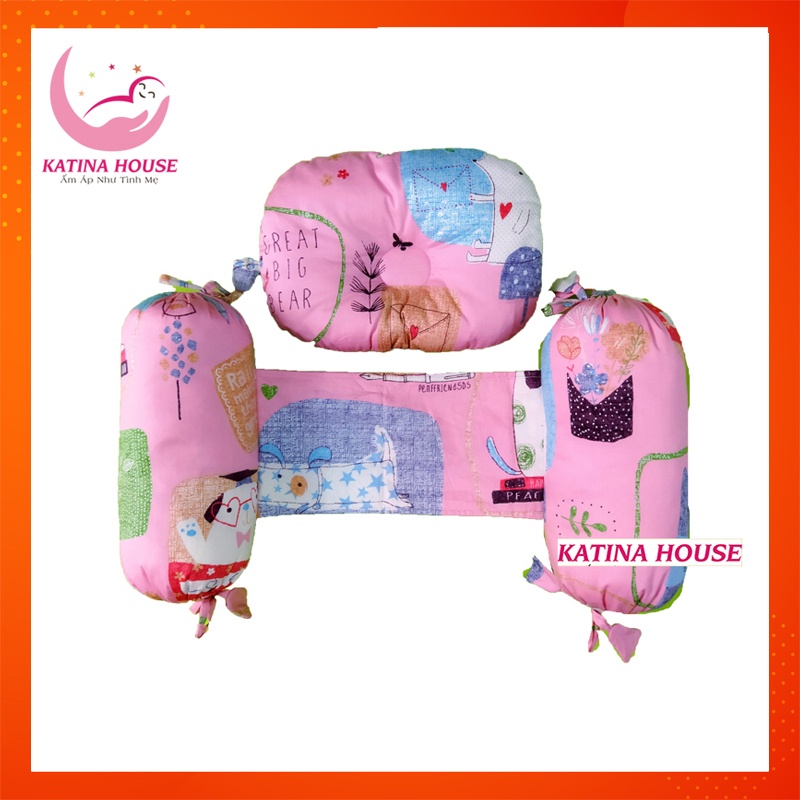 Bộ gối chặn sơ sinh, gòn lông vũ nhân tạo an toàn cho bé, vải cotton satin hàn quốc mềm mại thoáng mát thấm mồ hôi tốt