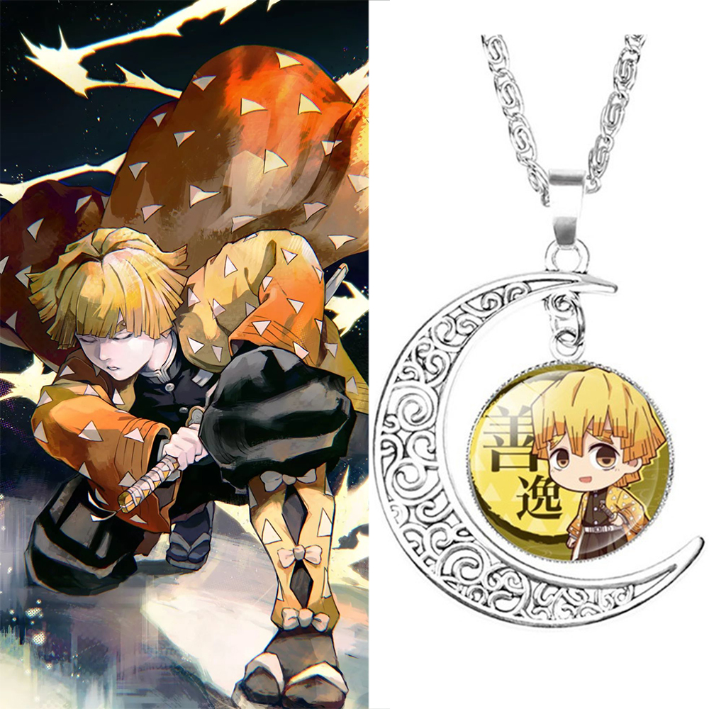 FORBETTER Unisex Pendant Necklace Women Cosplay Necklace Anime Demon Slayer Necklace Kamado Tanjirou Trendy Moon Men Kimetsu no Yaiba Chain Choker Glass Jewelry