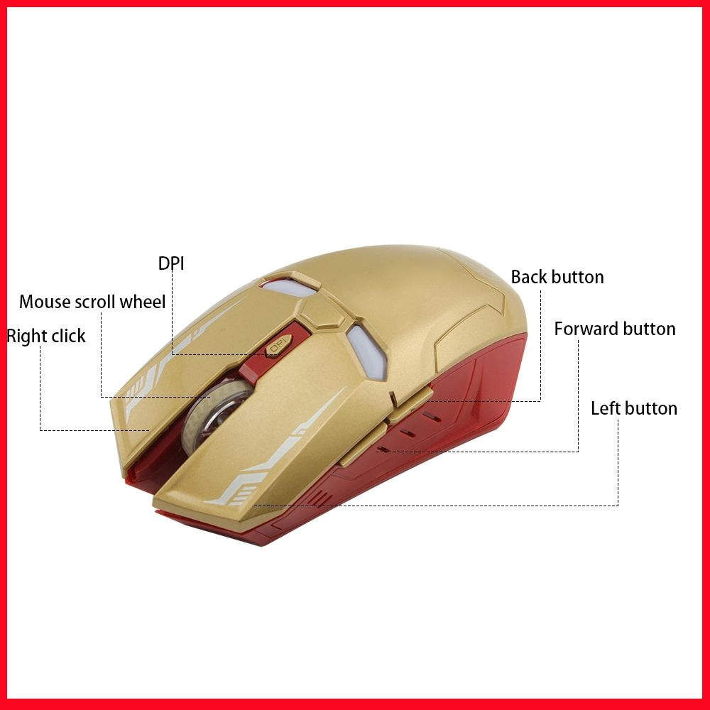 Chuột quang không dây 6 nút DPI USB 2.4GHz phong cách Iron Man yên tĩnh có thể điều chỉnh dành cho chơi game