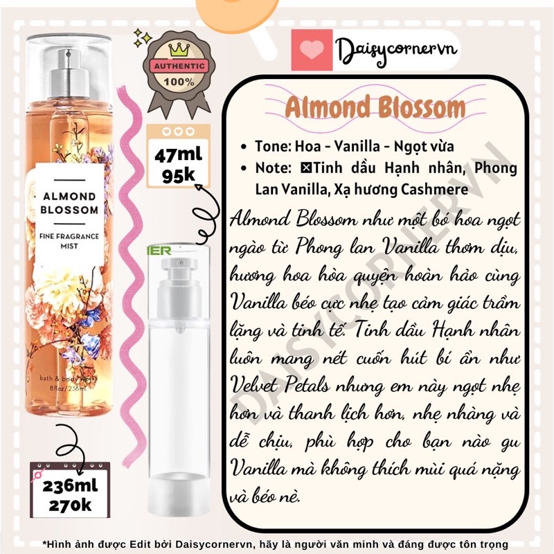 Almond Blossom - Xịt thơm toàn thân Body Mist Bath and Body Works