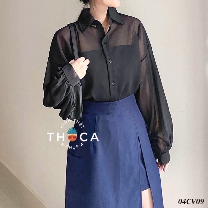 Áo sơ mi đen voan mỏng tay bồng Hàn Quốc *NEW TAG*
