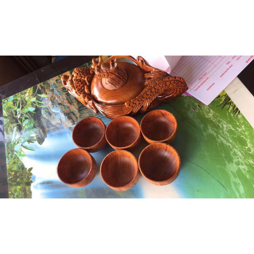 Bộ Khay Trà Gỗ Hương  Trạm Khắc Đầu Rồng Tinh Xảo - Nghệ Nhân Việt - Giàu Tính Truyền Thống