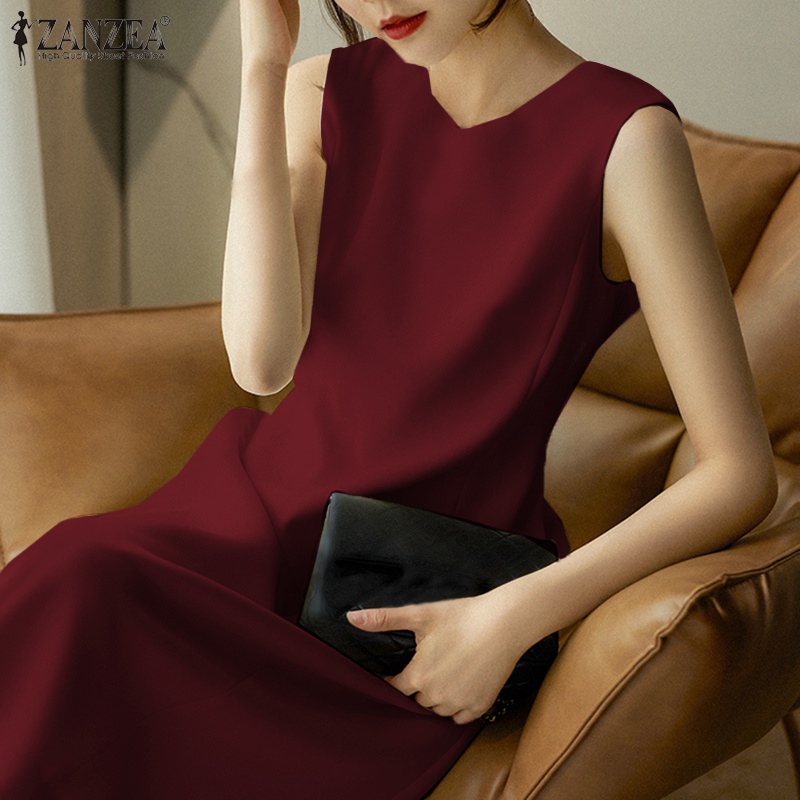 Đầm ZANZEA không tay màu trơn có túi và khóa kéo sau lưng thời trang vintage cho nữ