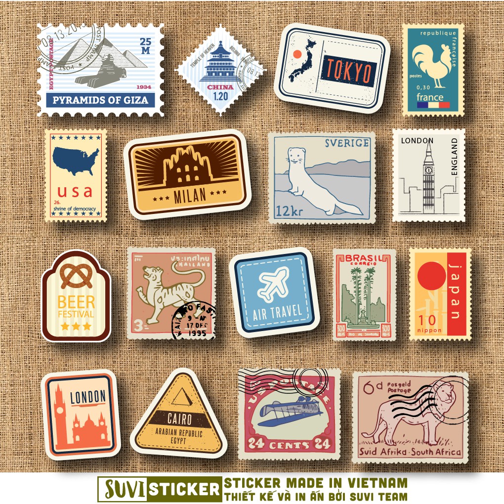 50 Sticker Vintage Stamp chống nước sticker dán laptop, điện thoại, đàn guitar, mũ bảo hiểm. MSP: V07